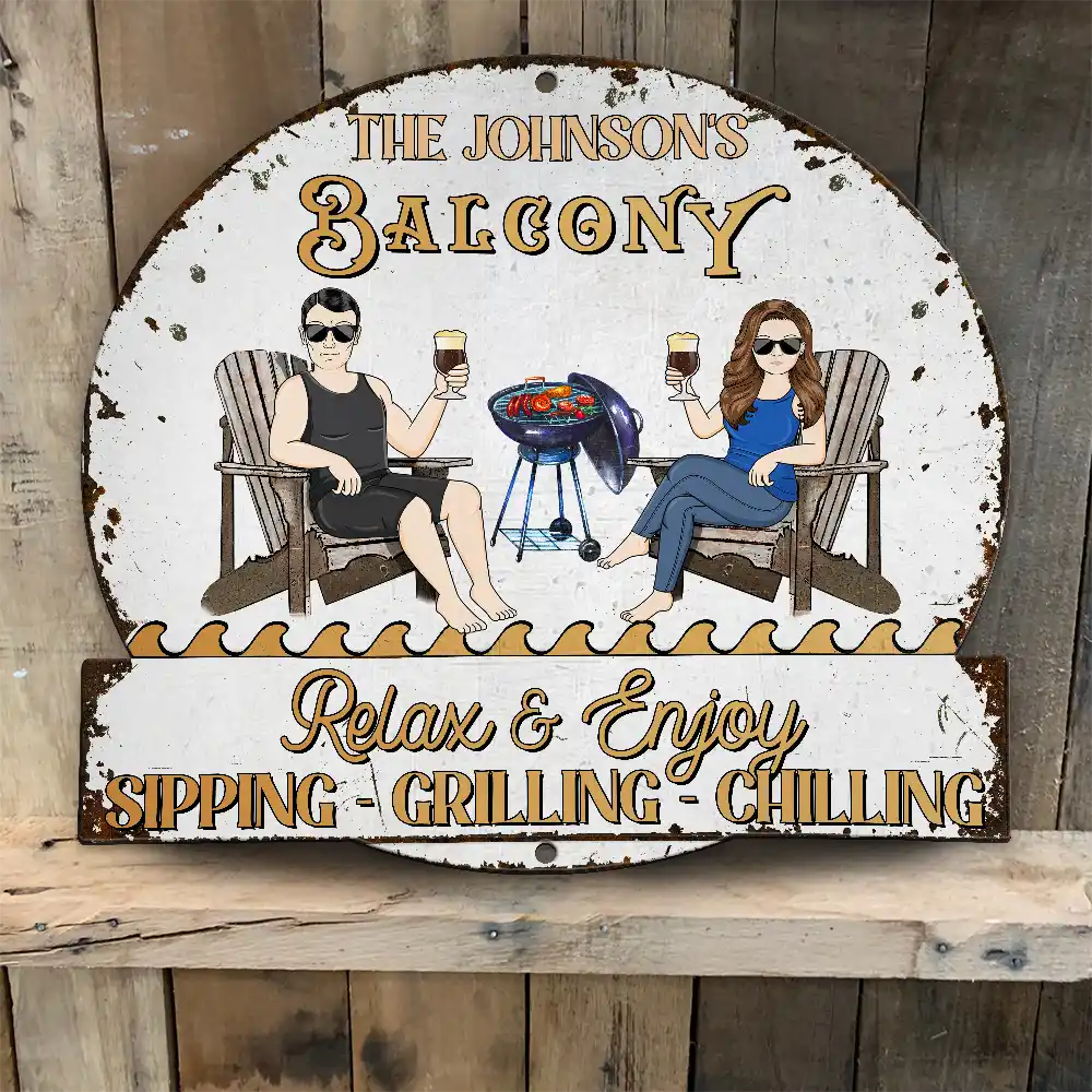 Gift For Couples,Gift For Husband,Gift For Wife,Gift For Boyfriend,Gift For Girlfriend,Patio,Grilling,Happy,Non-Eng,Vector - Couple Outdoor Decor Relax & Enjoy - Personalised Custom Shaped Metal Sign