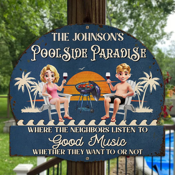 Gift For Couples,Gift For Husband,Gift For Wife,Gift For Boyfriend,Gift For Girlfriend,Poolside,Patio - Couple Poolside Paradise - Personalized Custom Shaped Metal Sign