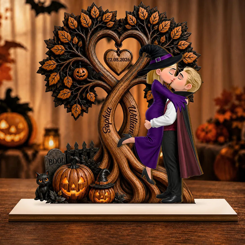 Halloween, Romantic, Gift For Couples, Vector - Couple Standing Halloween Under Heart Tree - Personalized Custom Shaped Wooden Plaque