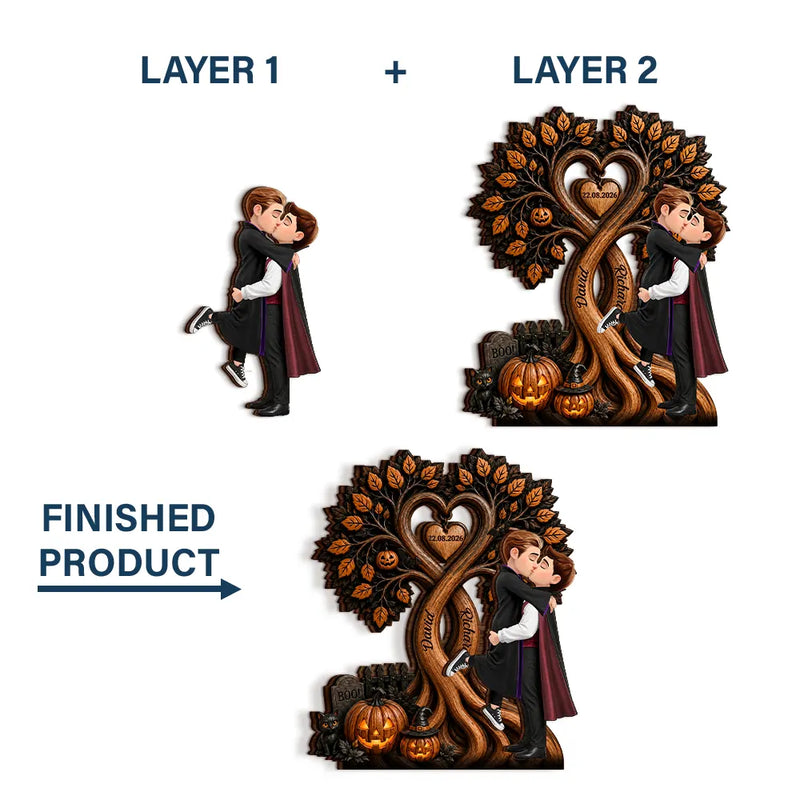 Halloween, Romantic, Gift For Couples, Vector - Couple Standing Halloween Under Heart Tree - Personalized Custom Shaped Wooden Plaque