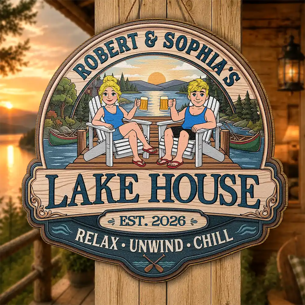 Couple Welcome To Our Lake House - Personalized Custom Shaped Wood Sign