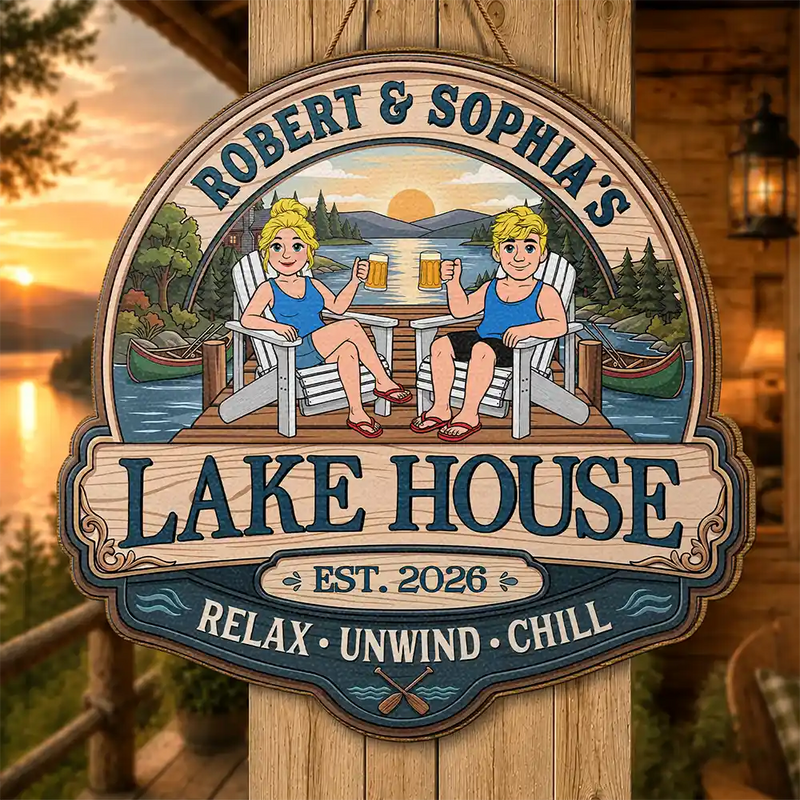 Outdoor Decor,Lake,Gift For Couples,Vector,Happy - Couple Welcome To Our Lake House - Personalized Custom Shaped Wood Sign
