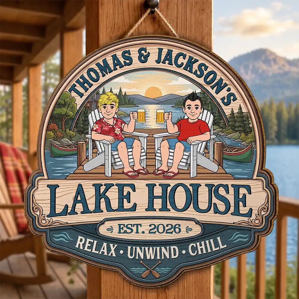 Outdoor Decor,Lake,Gift For Couples,Vector,Happy - Couple Welcome To Our Lake House - Personalized Custom Shaped Wood Sign