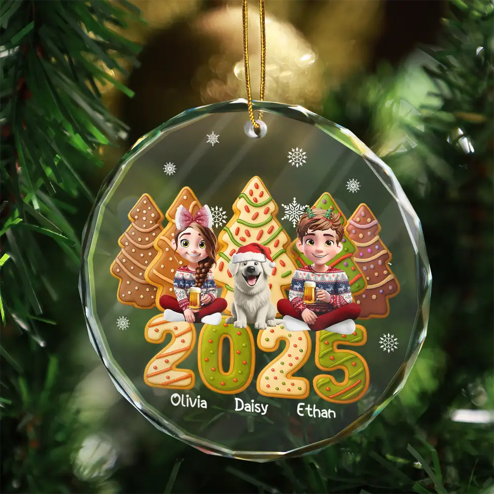 Christmas, Gift For Couples, Pet Lovers, Pet Couple, Happy - Couple With Kids & Pet Cake Cookie Tree - Personalized Circle Glass Ornament