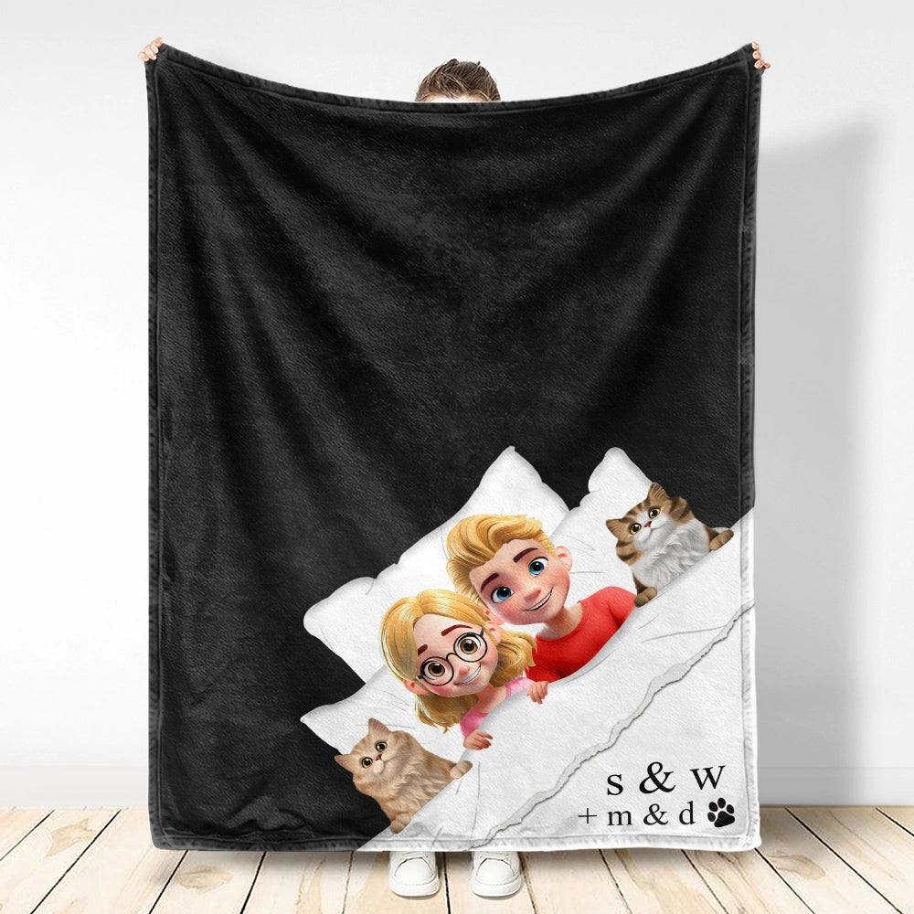 Gift For Couples,Gift For Husband,Gift For Wife,Gift For Boyfriend,Gift For Girlfriend,Happy - Couple & Pet Blanket, Minimal Monogram - Personalized Fleece Blanket, Sherpa Blanket