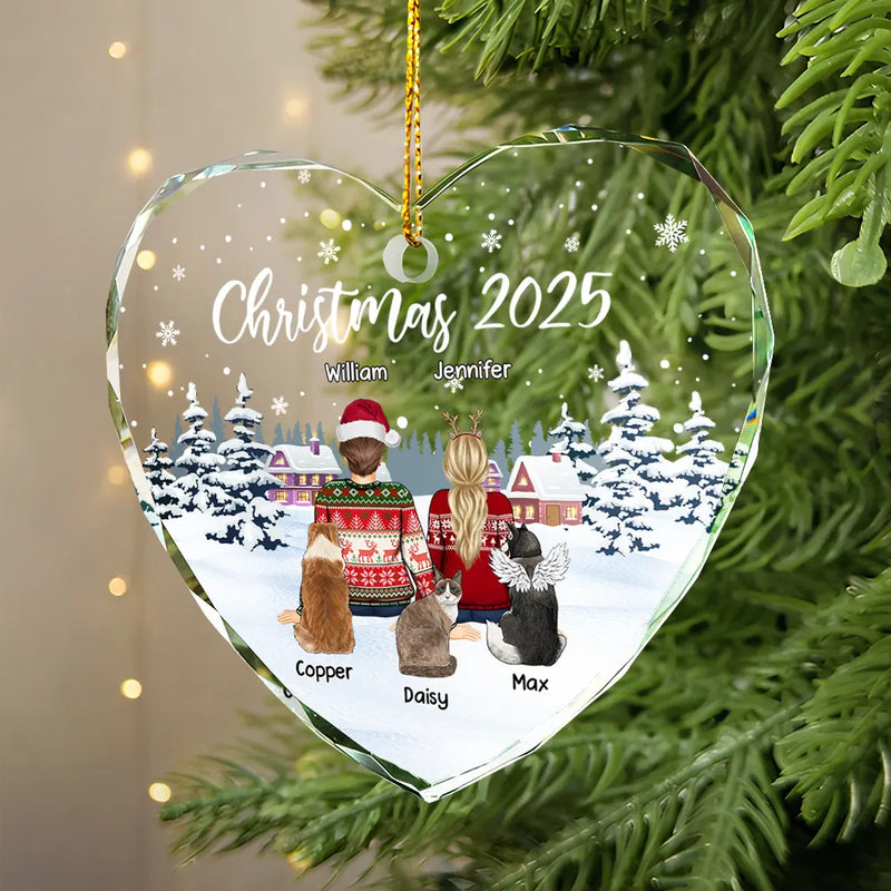 Gift For Couples,Pet Couple,Pet Lovers,Christmas,Happy - Couple & Pets Christmas - Personalized Heart Shaped Glass Ornament