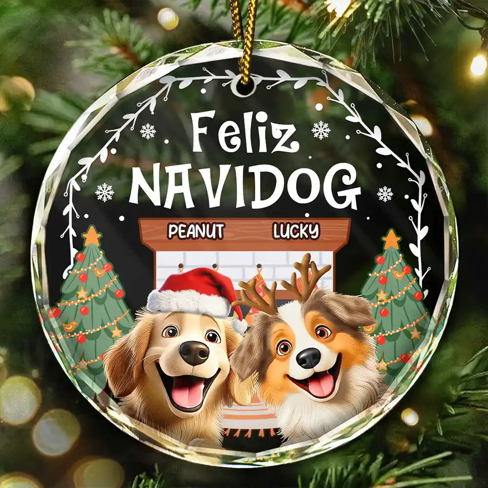 Cozy Room Feliz Navidog 3D Effect Dog - Personalized Circle Glass Ornament