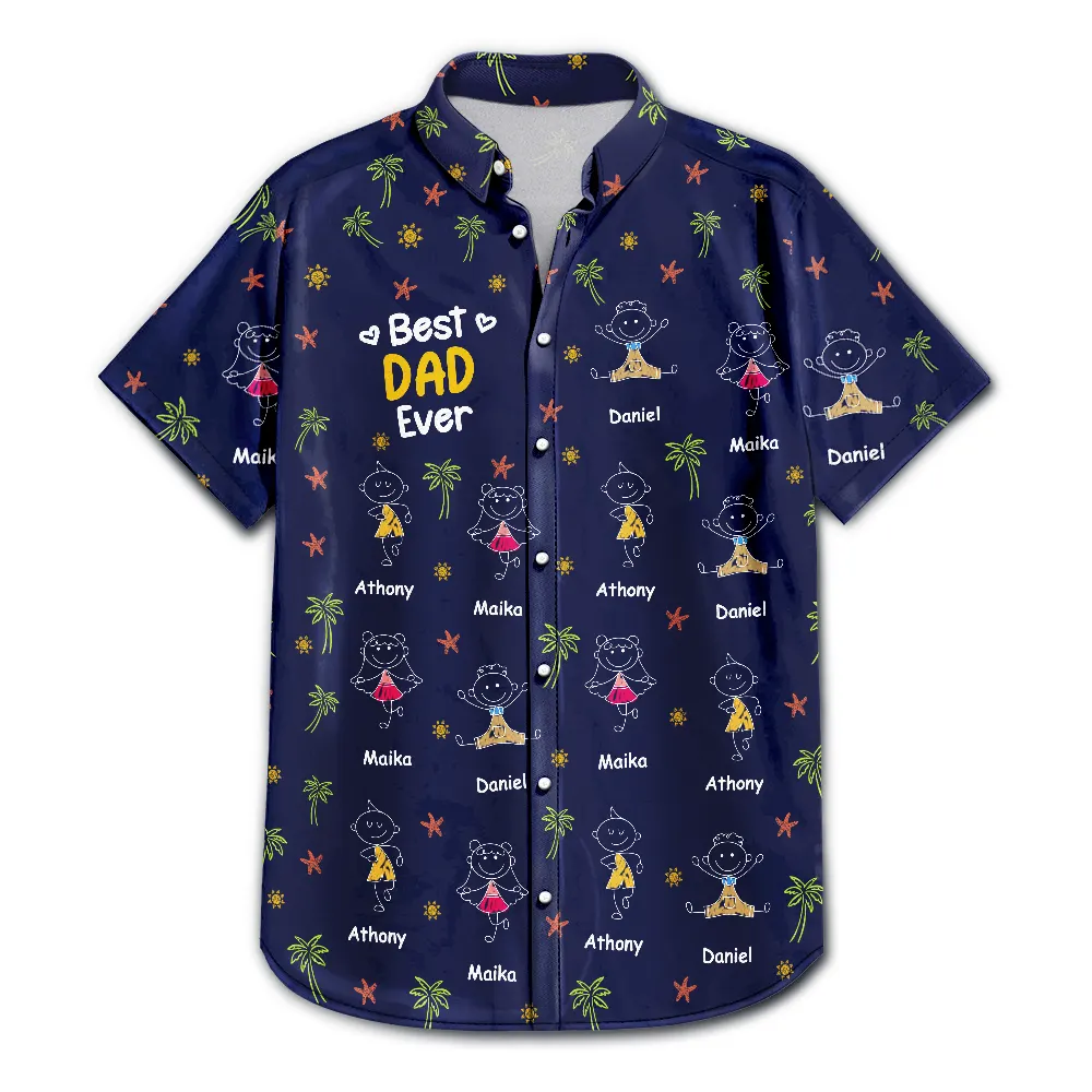Gift For Father,Gift For Grandpa,Funny,Non-Eng,Icon,Humorous - Crayon Kids Doodle Child Drawing Best Dad Grandpa Ever - Personalized Hawaiian Shirt