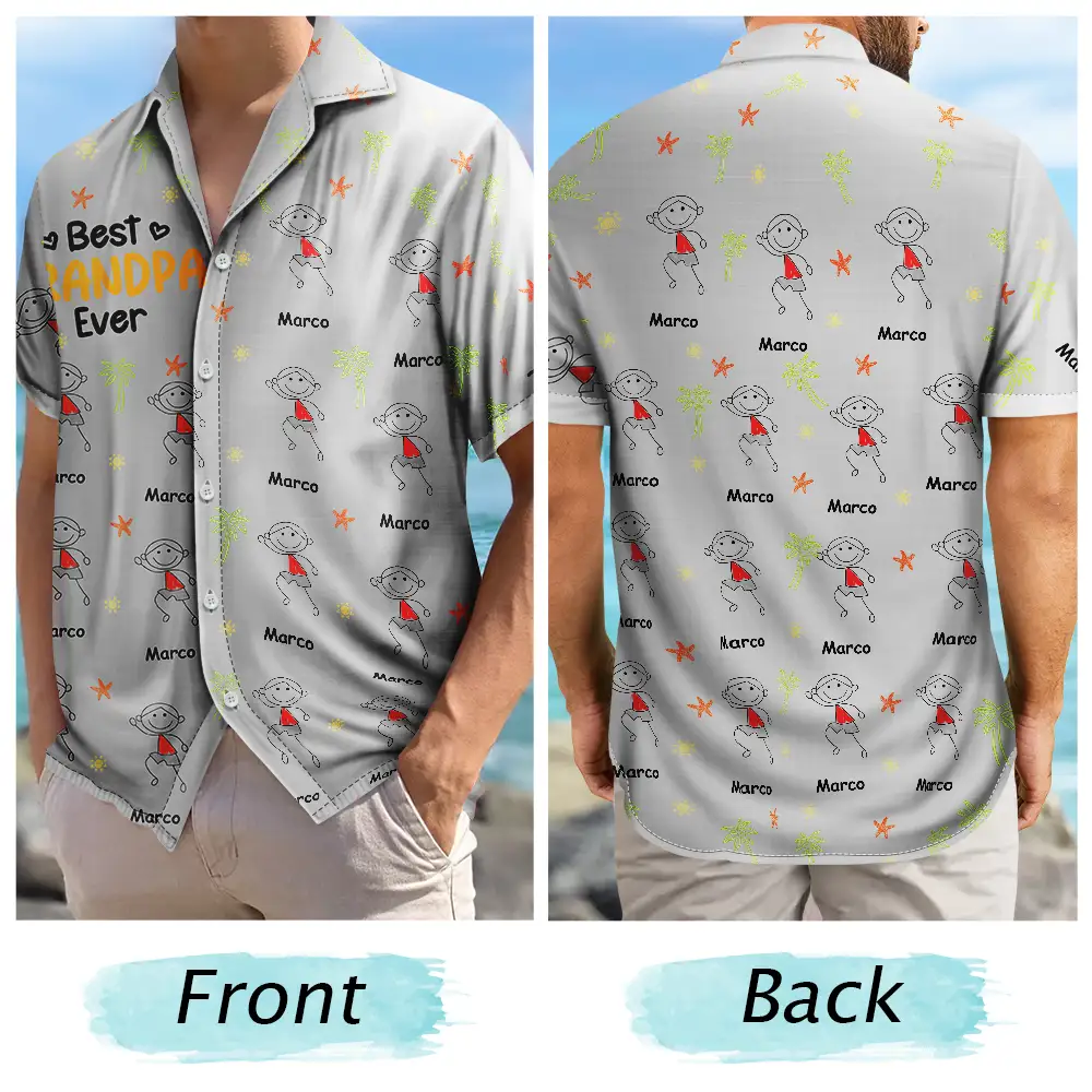 Gift For Father,Gift For Grandpa,Funny,Non-Eng,Icon,Humorous - Crayon Kids Doodle Child Drawing Best Dad Grandpa Ever - Personalized Hawaiian Shirt
