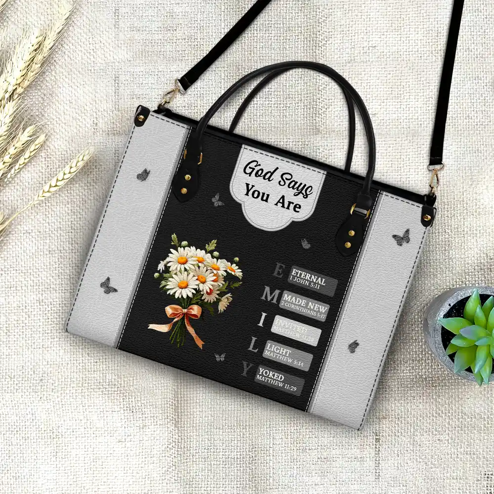 Gift For Wife,Gift For Girlfriend,Gift For Yourself,Gift For Women,Gift For Aunt,Gift For Mother,Gift For Grandma,Gift For Daughter,Gift For Sisters,Gift For Bestie,Happy,Christian - Created With A Purpose Birth Month Flower - Personalized Leather Bag
