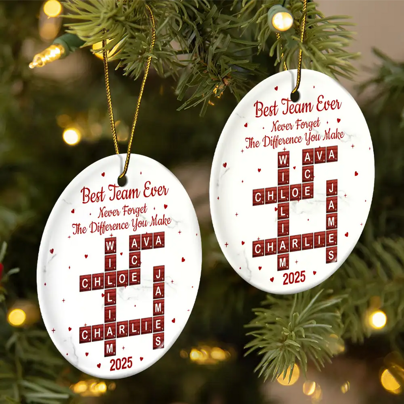 Gifts For Colleagues, Happy, Christmas - Crossword Best Team Ever - Personalized Circle Ceramic Ornament