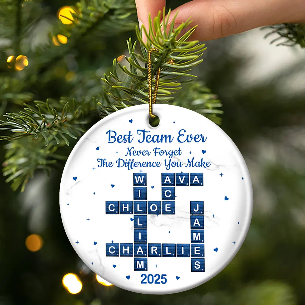 Gifts For Colleagues, Happy, Christmas - Crossword Best Team Ever - Personalized Circle Ceramic Ornament
