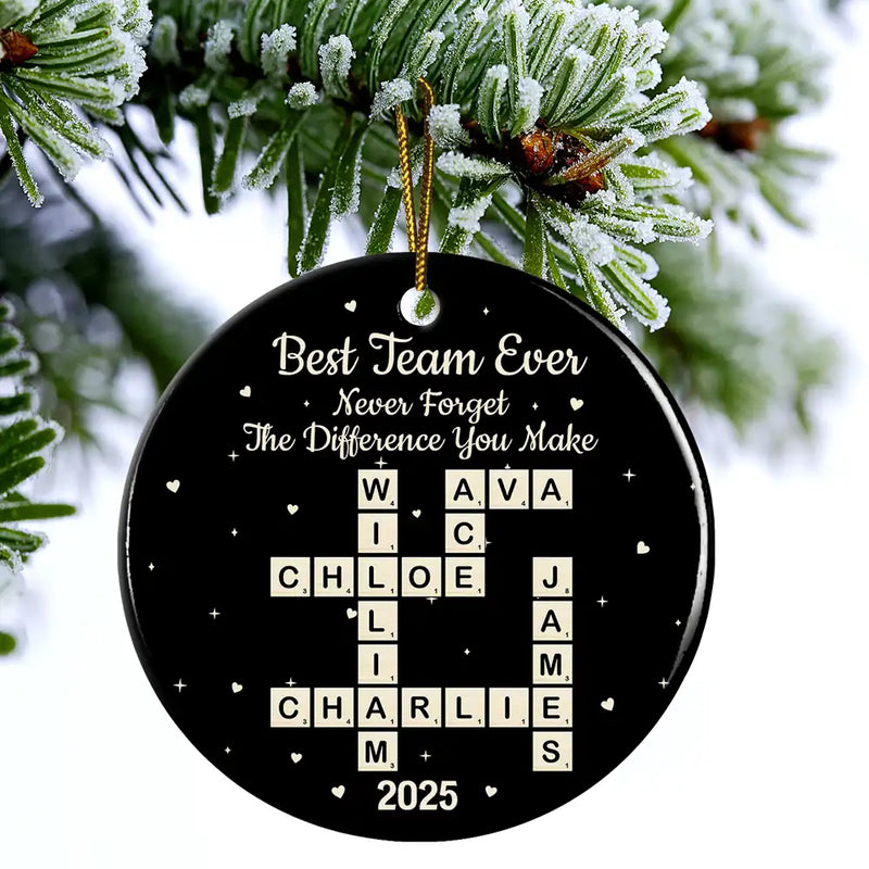 Gifts For Colleagues, Happy, Christmas - Crossword Best Team Ever - Personalized Circle Ceramic Ornament