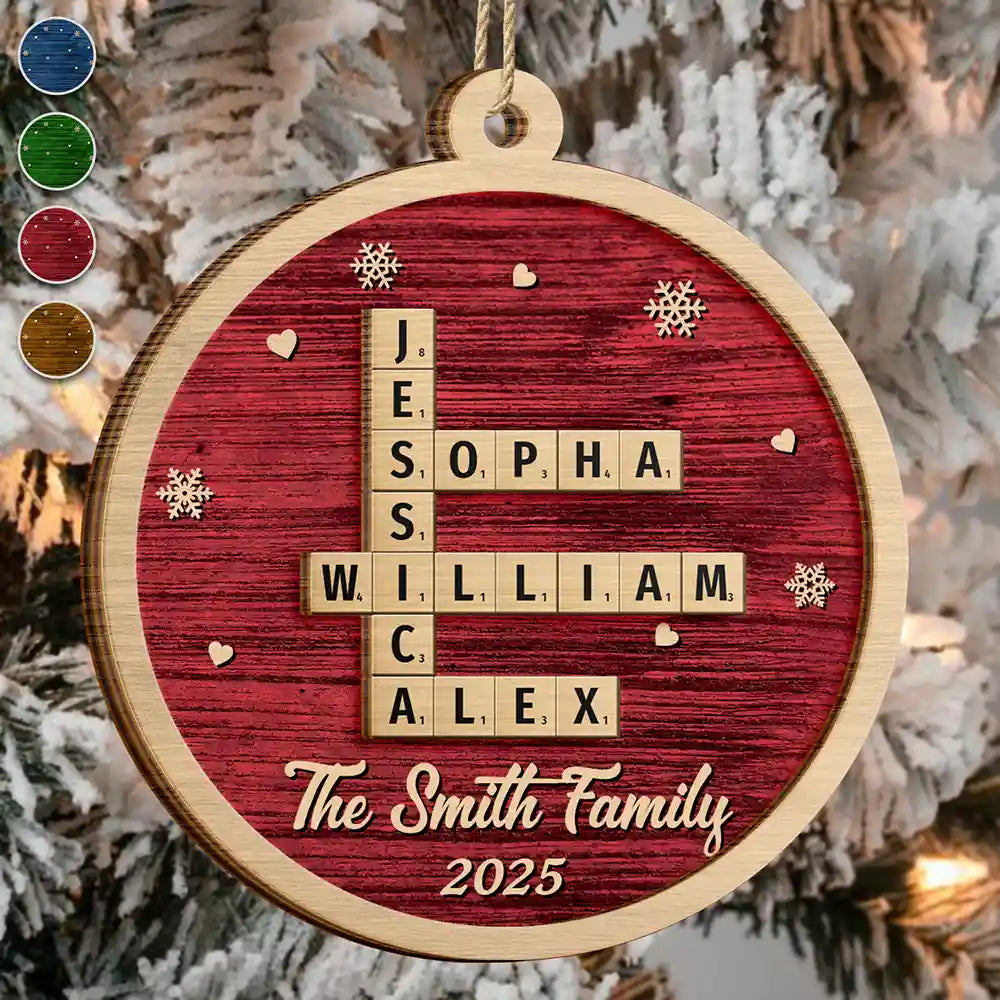 Family, Parents, Gift For Grandparents, Gift For Kids, Gift For Grandkids, Happy, Christmas, Top Market, Non-Eng - Crossword Christmas Family Name - Personalized 2-Layered Wooden Ornament