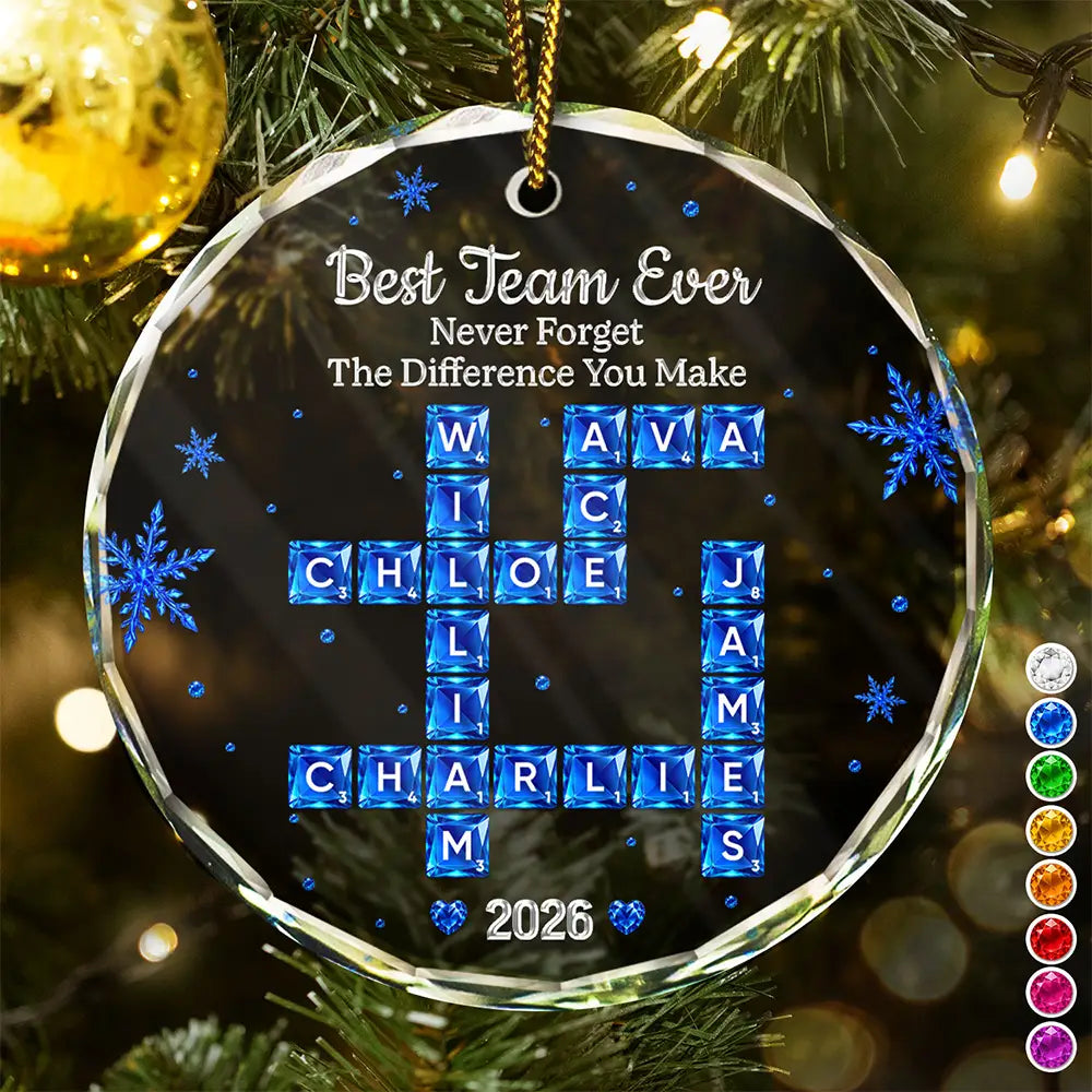 Crossword Crystal Effect Best Team Ever Never Forget The Difference You Make - Personalized Circle Glass Ornament