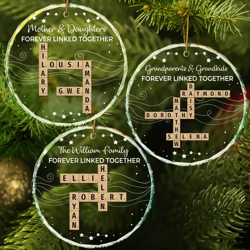 Crossword Family Forever Linked Together - Personalized Circle Glass Ornament