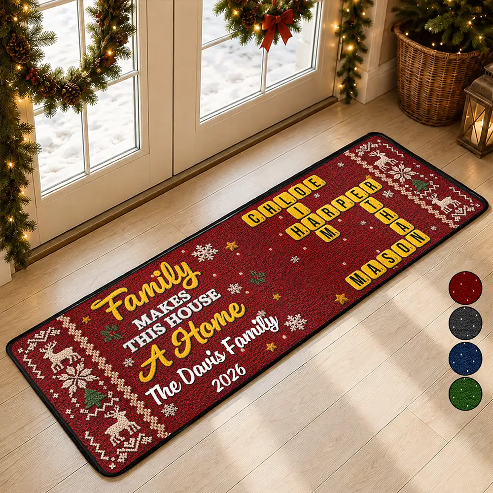 Crossword Family Makes This House A Home Faux Chenille Effect - Personalized Runner Rug