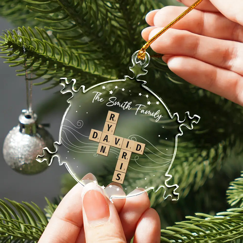Christmas, Family, Happy - Crossword Family Names - Personalized Snowflakes Shaped Glass Ornament