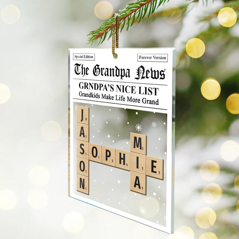Christmas,Gift For Grandpa,Grandpa - Grandkids,Gift For Grandma,Gift For Grandparents,Grandma - Grandkids - Crossword Kids Name Grandma Grandpa Nice List - Personalized Custom Shaped Acrylic Ornament