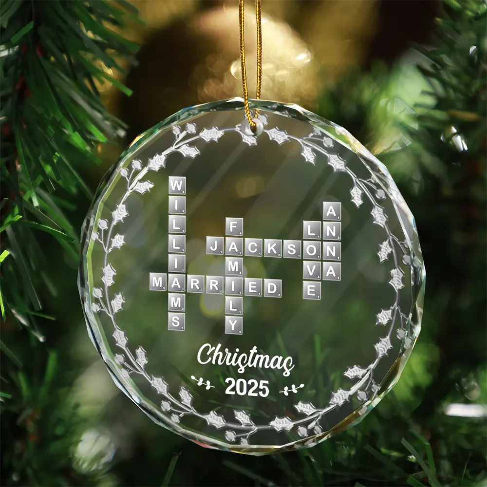 Gift For Couples, Gift For Husband, Gift For Wife, Parents, Gift For Mother, Gift For Grandpa, Gift For Father, Gift For Grandma, Family, Love, Christmas - Crossword Scrabble Family Name - 3D Silver Effect Printed, Personalized Circle Glass Ornament
