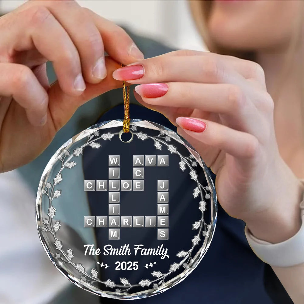 Gift For Couples, Gift For Husband, Gift For Wife, Parents, Gift For Mother, Gift For Grandpa, Gift For Father, Gift For Grandma, Family, Love, Christmas - Crossword Scrabble Family Name - 3D Silver Effect Printed, Personalized Circle Glass Ornament