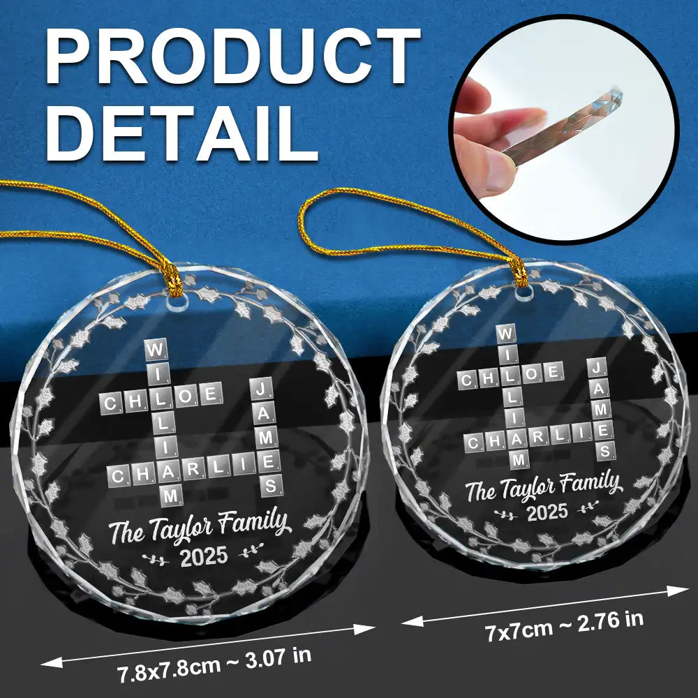 Gift For Couples, Gift For Husband, Gift For Wife, Parents, Gift For Mother, Gift For Grandpa, Gift For Father, Gift For Grandma, Family, Love, Christmas - Crossword Scrabble Family Name - 3D Silver Effect Printed, Personalized Circle Glass Ornament