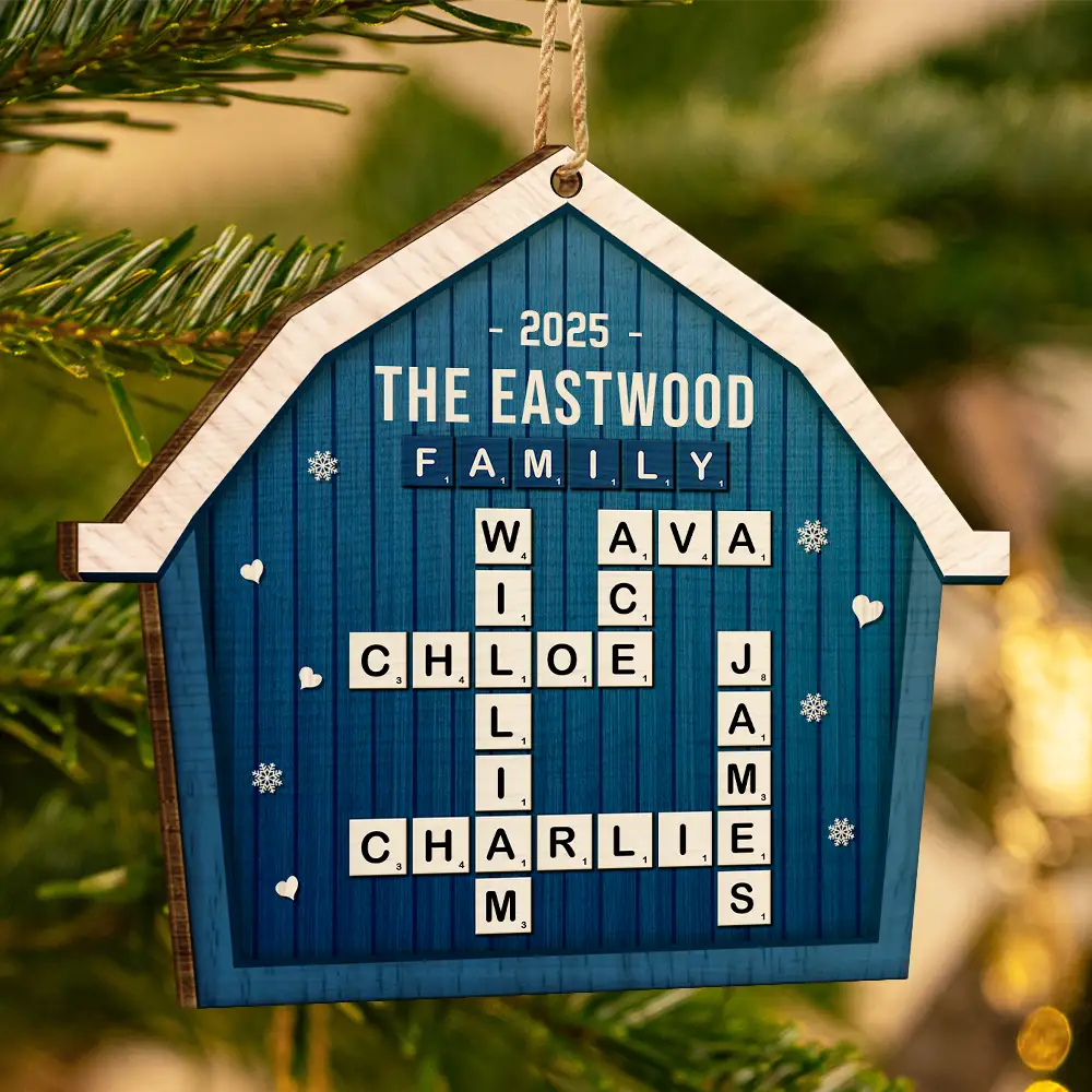 Christmas, Family - Crossword Scrabble Family Name Together In One Home - Personalized Custom Shaped Wooden Ornament