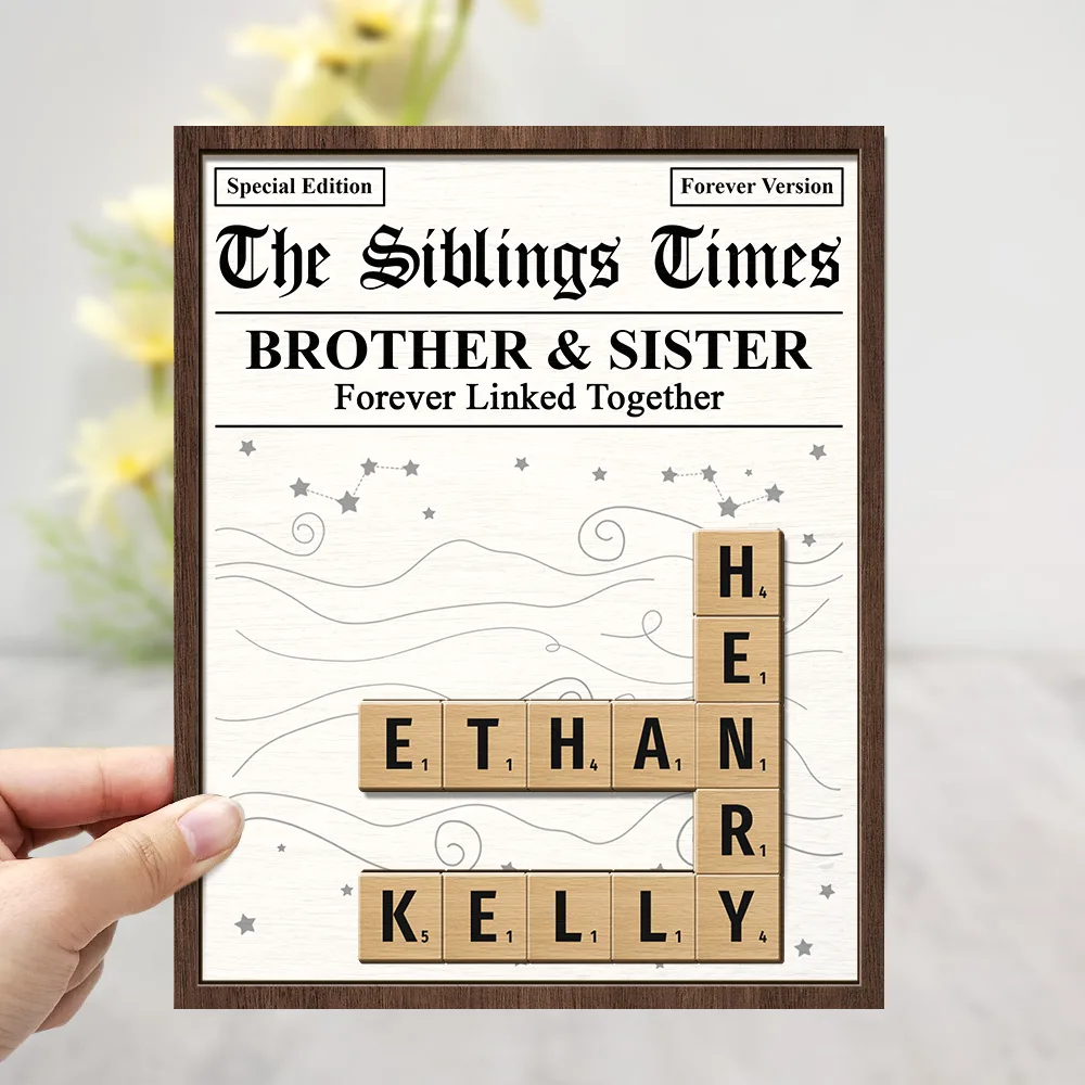 Gift For Sibling, Gift For Sisters, Gift For Brothers, Christmas, Happy - Crossword The Siblings Times - Personalized 2-Layered Wooden Plaque With Stand