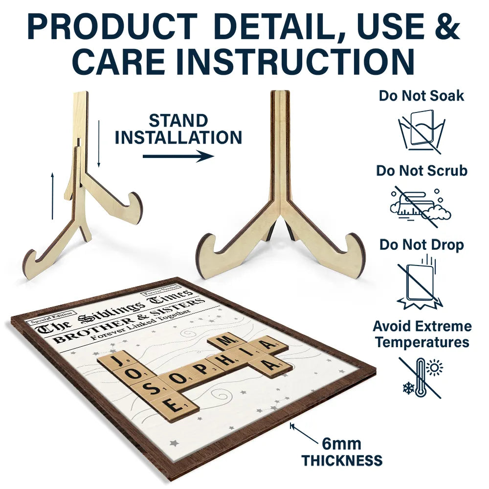 Gift For Sibling, Gift For Sisters, Gift For Brothers, Christmas, Happy - Crossword The Siblings Times - Personalized 2-Layered Wooden Plaque With Stand