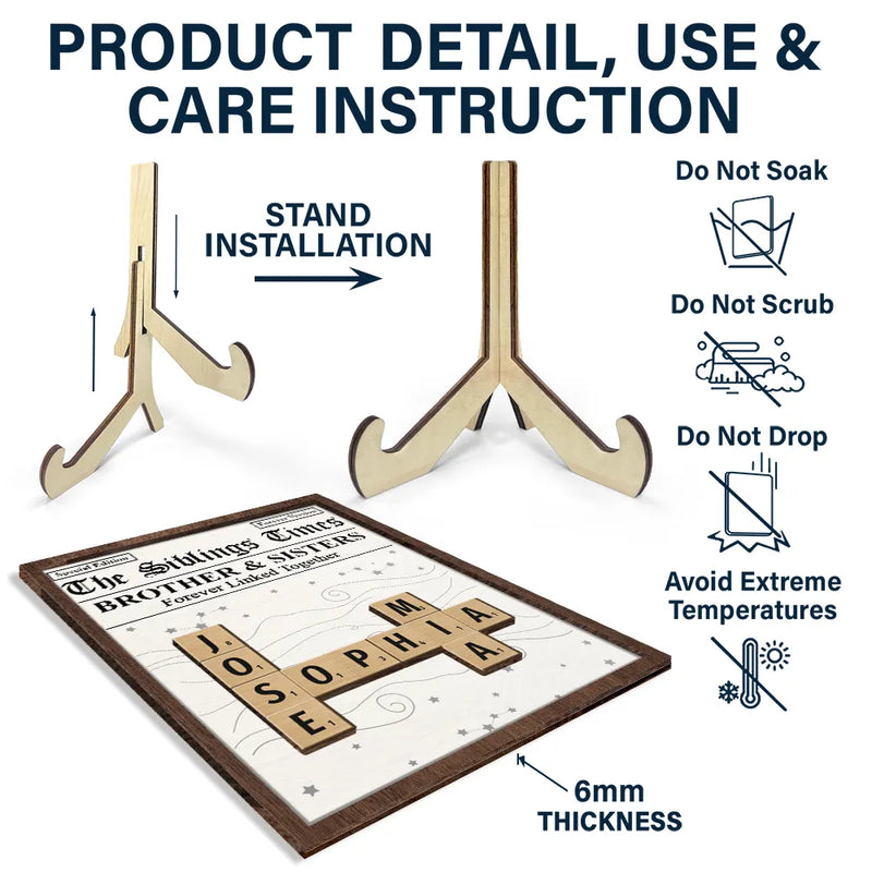 Gift For Sibling, Gift For Sisters, Gift For Brothers, Christmas, Happy - Crossword The Siblings Times - Personalized 2-Layered Wooden Plaque With Stand