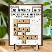 Gift For Sibling, Gift For Sisters, Gift For Brothers, Christmas, Happy - Crossword The Siblings Times - Personalized 2-Layered Wooden Plaque With Stand