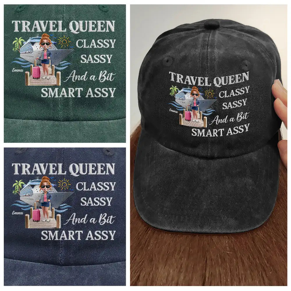 Cruising,Travel,Funny,Gift For Women - Cruise Queen Classy Sassy - Personalized Vintage Washed Denim Cap