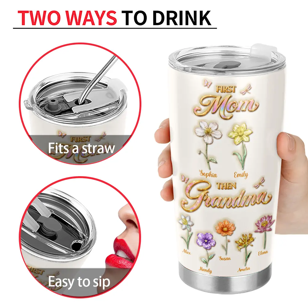 Gift For Grandma,Gift For Mother,Gift For Women,Happy - Crystal Birth Month Flower First Mom Now Grandma - Personalized Tumbler