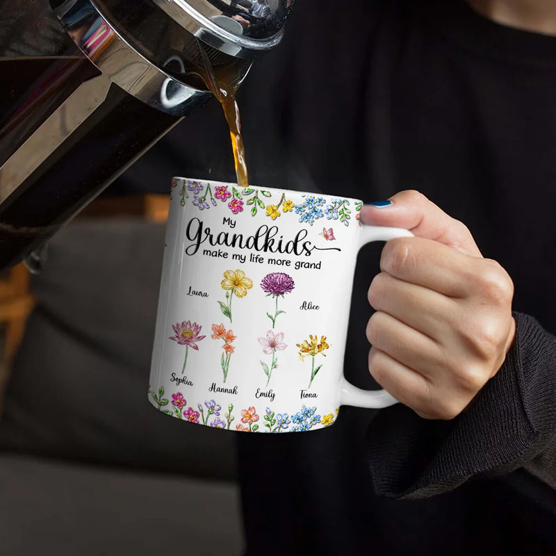 Gift For Grandma, Gift For Women, Happy, Top Market - Crystal Effect Birth Flower Grandkids Make Life More Grand - Personalized White Edge-to-Edge Mug