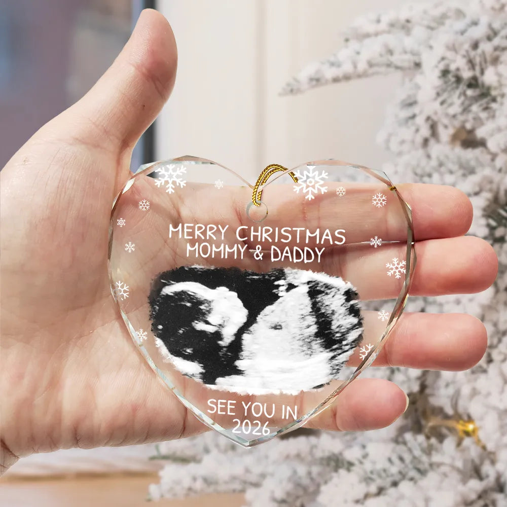 Christmas, New Dad, New baby, New Mom, Custom Photo, Happy - Custom Photo Baby Expecting See You In 2026 - Personalized Heart Shaped Glass Ornament