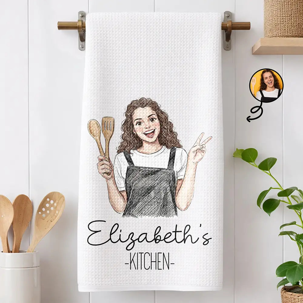 Custom Photo Colored Pencil Sketch Mom Grandma Kitchen - Personalized Kitchen Towel