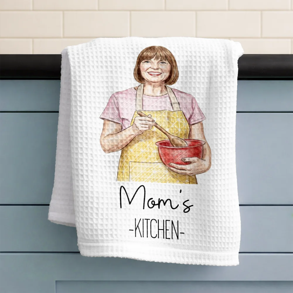 Gift For Wife,Gift For Yourself,Gift For Women,Gift For Mother,Gift For Aunt,Gift For Grandma,Happy,Cooking,Baking  - Custom Photo Colored Pencil Sketch Mom Grandma Kitchen - Personalized Kitchen Towel