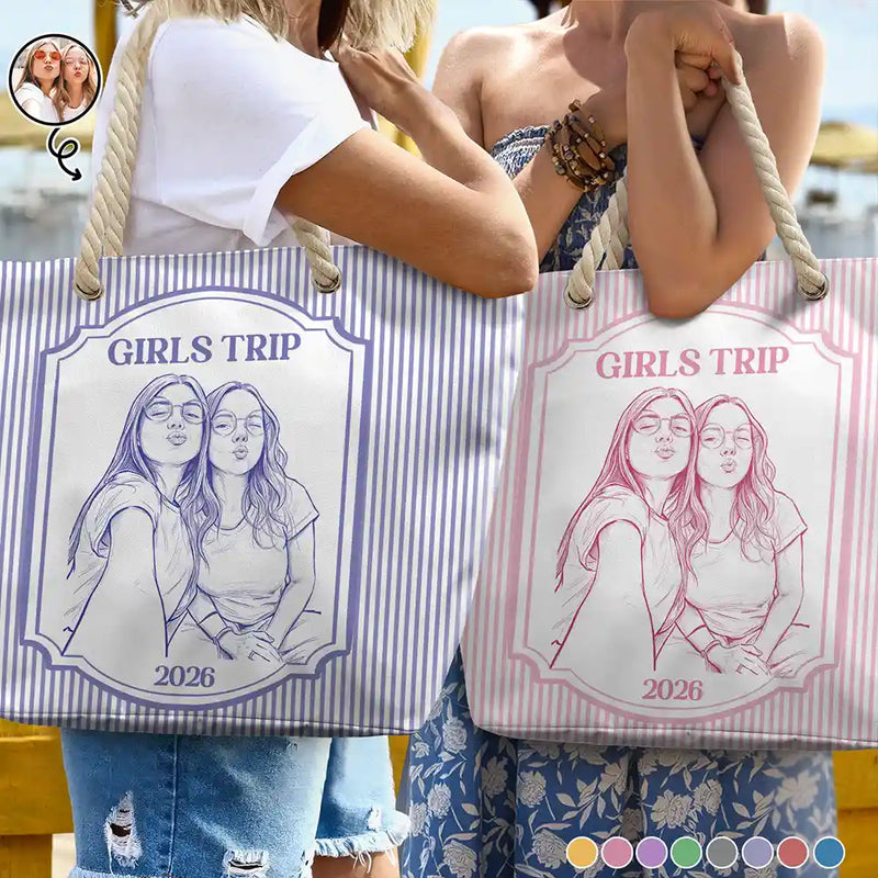 Custom Photo, Art Design, Summer, Gift For Bestie, Confident, Photo - Pencil Sketch - Remove BG - Custom Photo Pencil Sketch Girls Trip Bestie - Personalized Beach Bag