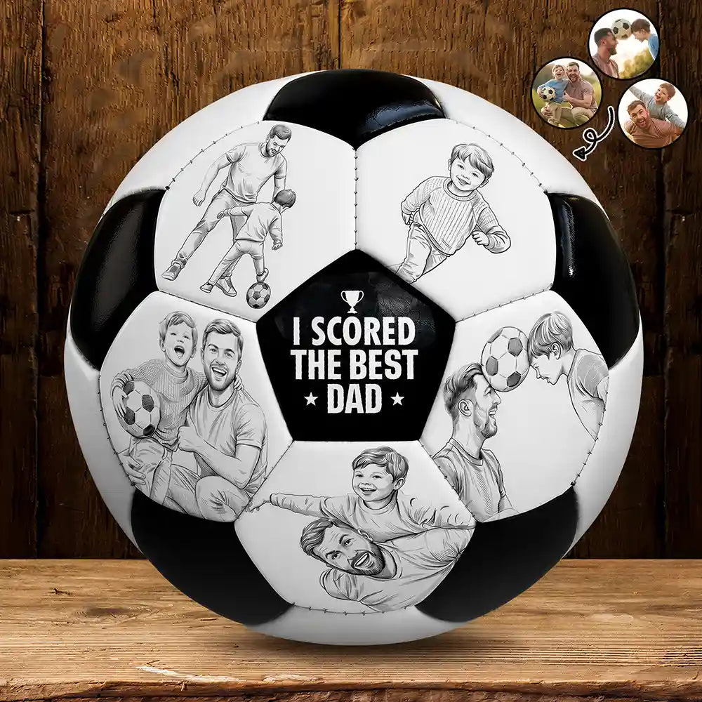 Gift For Father,Custom Photo,Dad - Children,Football (Soccer),Non-Eng,Photo - Pencil Sketch,Proud - Custom Photo Pencil Sketch I Scored The Best Dad - Personalized Soccer Ball