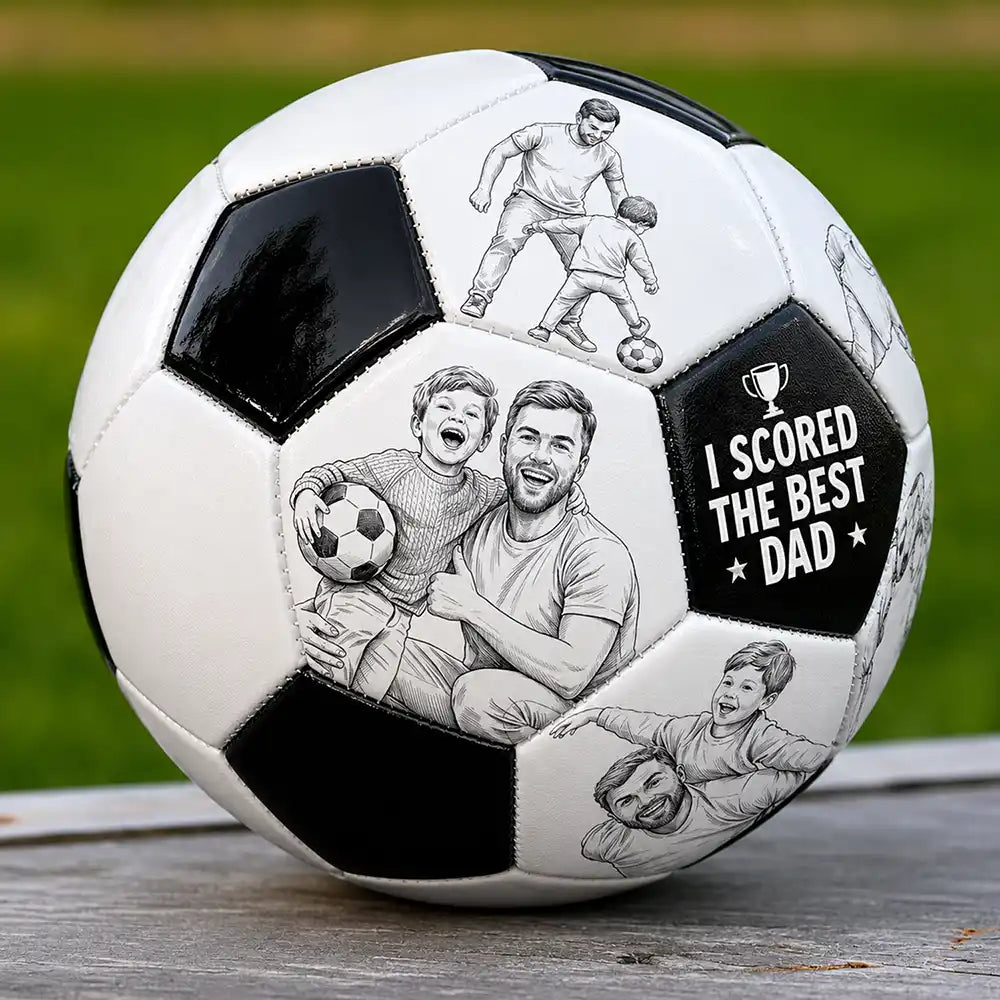 Gift For Father,Custom Photo,Dad - Children,Football (Soccer),Non-Eng,Photo - Pencil Sketch,Proud - Custom Photo Pencil Sketch I Scored The Best Dad - Personalized Soccer Ball