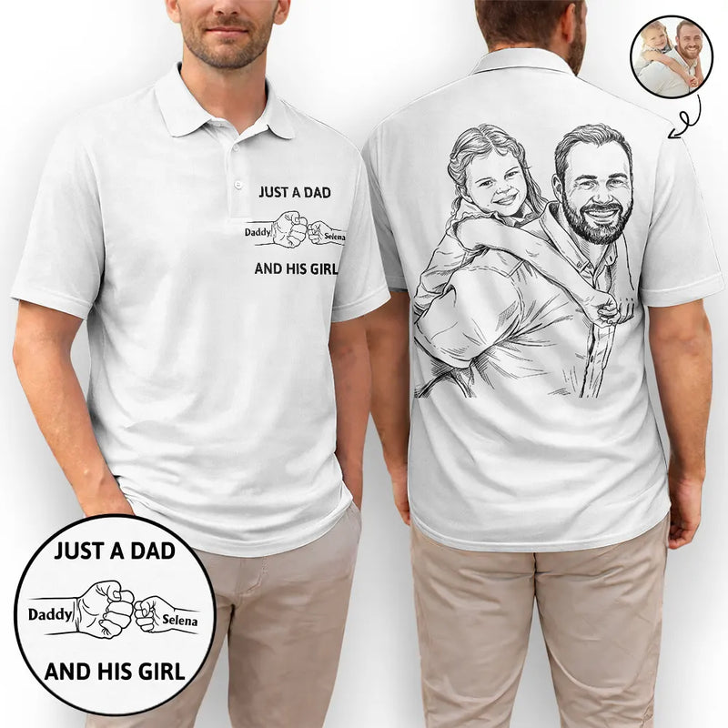 Custom Photo,Gift For Father,Dad - Daughters (Young),Photo - Pencil Sketch,Icon,Proud - Custom Photo Pencil Sketch Just A Dad And His Girl - Personalized Polo Shirt