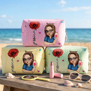 Gift For Yourself,Gift For Women,Summer,Confident,Vector,Icon - Custom Birth Flower And Name For Her - Personalized Striped Cosmetic Bag