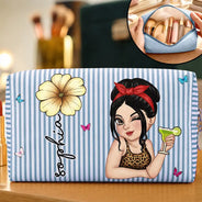 Gift For Yourself,Gift For Women,Summer,Confident,Vector,Icon - Custom Birth Flower And Name For Her - Personalized Striped Cosmetic Bag