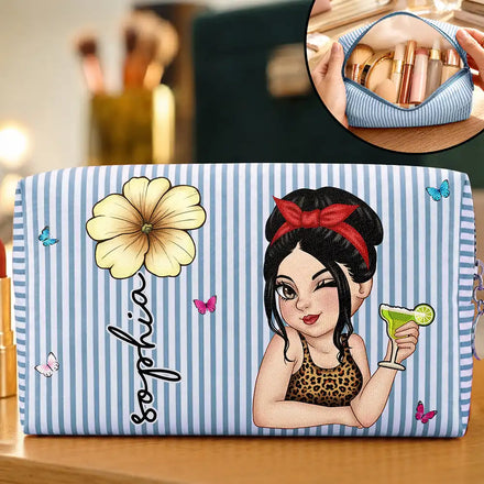 Custom Birth Flower And Name For Her - Personalized Striped Cosmetic Bag
