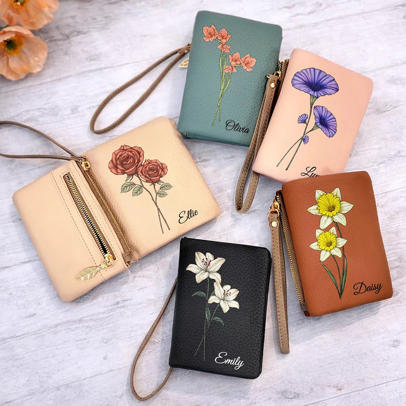 Mom - Daughters (Adult),Mom - Daughters (Young),Mom - Sons,Mom - Children,Gift For Mother,Love - Custom Birth Month Flower And Name - Personalized Tri-Fold PU Leather Wristlet Wallet