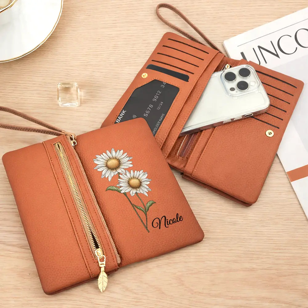 Mom - Daughters (Adult),Mom - Daughters (Young),Mom - Sons,Mom - Children,Gift For Mother,Love - Custom Birth Month Flower And Name - Personalized Tri-Fold PU Leather Wristlet Wallet