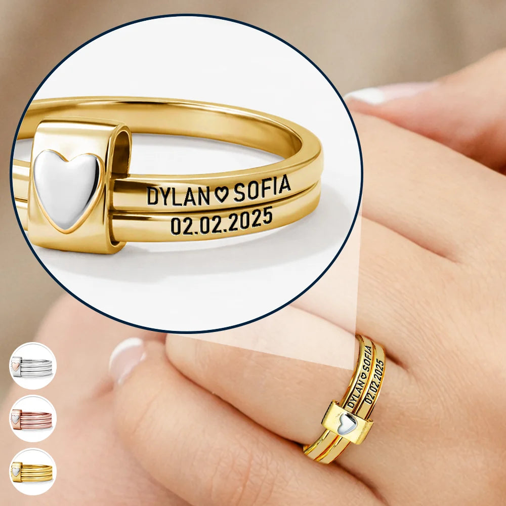 Custom Couples Names With Anniversary Date - Personalized Heart Stacking Rings