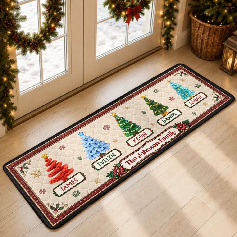 Custom Family Christmas Trees With Faux Quilt Effect - Personalized Runner Rug