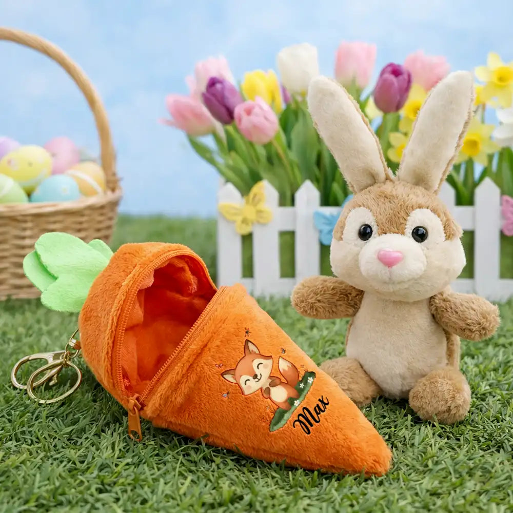 Easter,Happy,Gift For Kids,Dad - Children,Mom - Children,Grandpa - Grandkids,Grandma - Grandkids,Gift For Grandkids - Custom Favorite Animal And Name - Personalized Plush Reversible Carrot Bunny Keychain