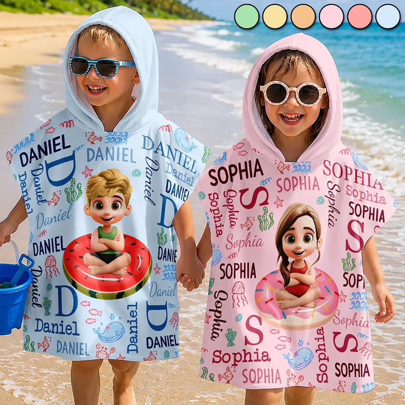 Gift For Kids,Beach,Summer,Adorable,Vector - Custom Kids Name Summer Swim Ring - Personalized Kids Hooded Poncho Towel